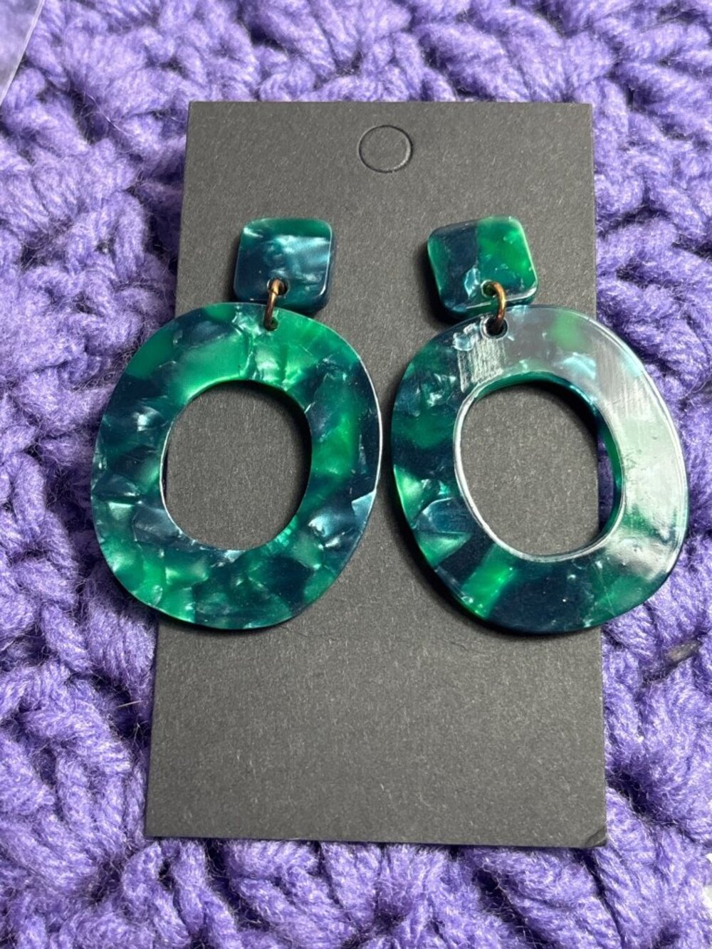 Green Resin Geometric Hoop Dangle Earrings Square Oval 2 inches